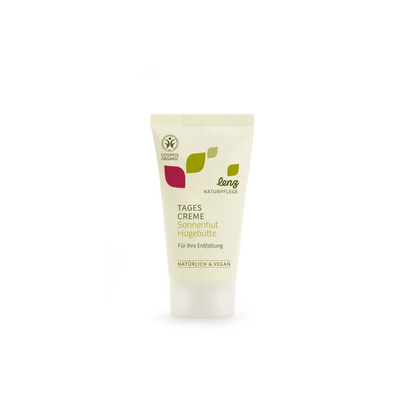 Creme-Tube mit Aufschrift "Tages Creme Sonnenhut Hagebutte". Logo und Schriftzug "lenz Naturpflege".