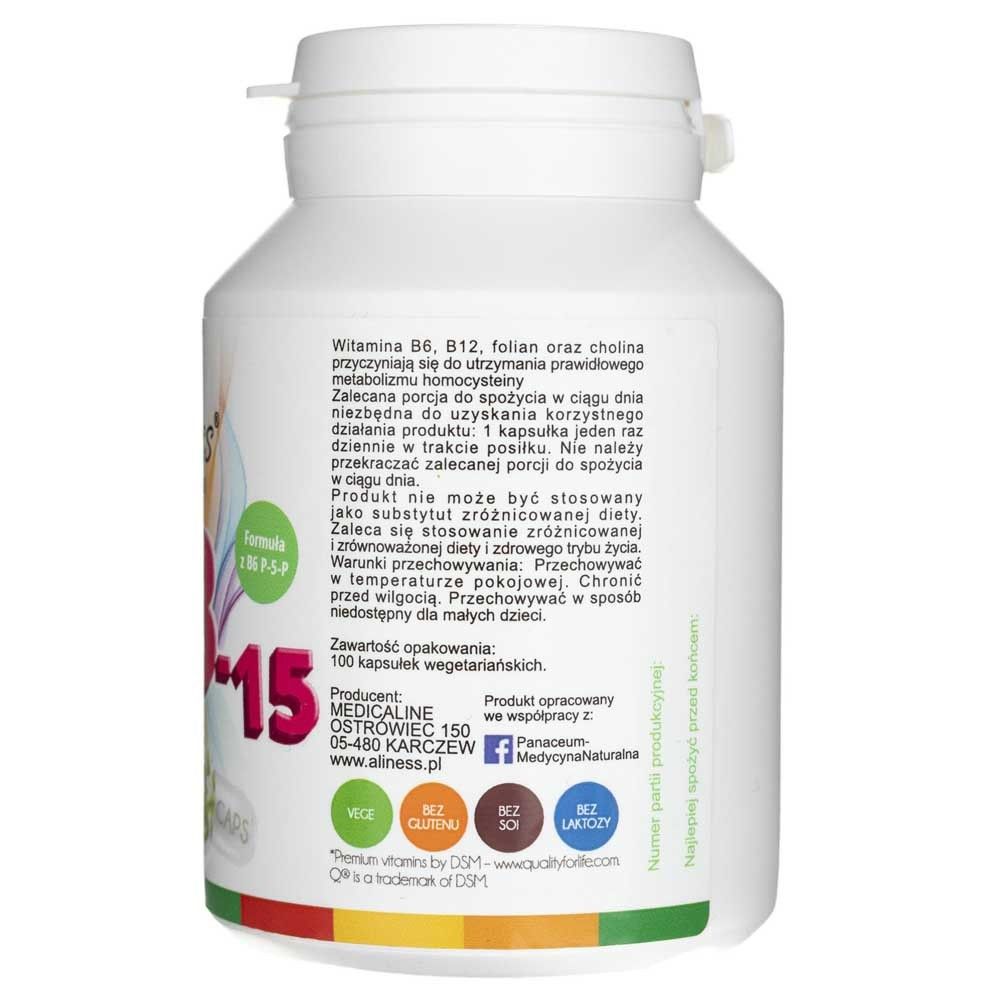 Rückseite einer Aliness Vitamina B Komplex B-15 Methyl Kapseldose mit Produktinformationen.