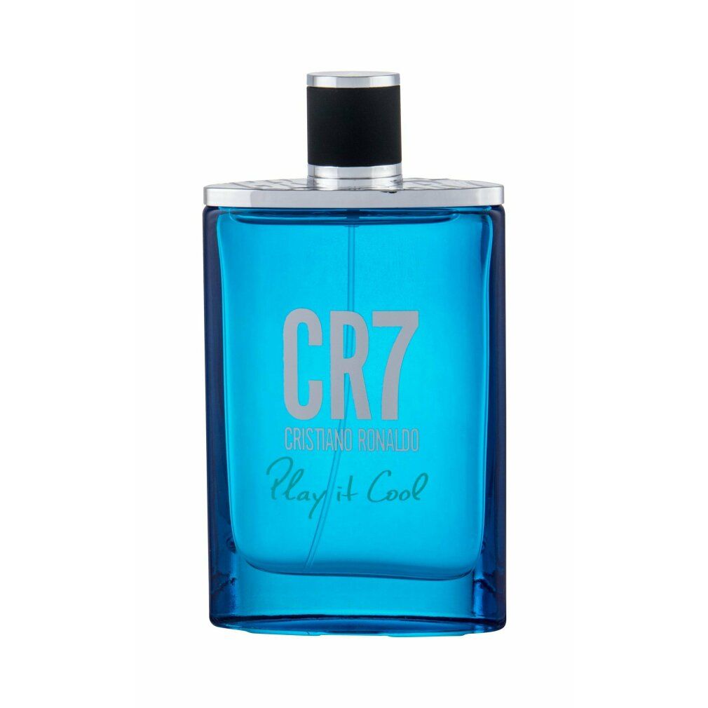 Blaue Glasflasche mit silbernem CR7 Cristiano Ronaldo Play it Cool Schriftzug.