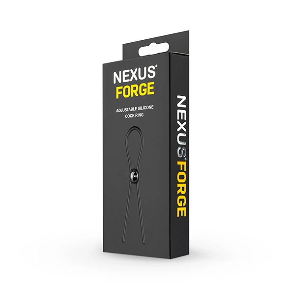 Verpackung für einen schwarzen, verstellbaren Cockring. Marke Nexus Forge. Schwarze Schachtel.