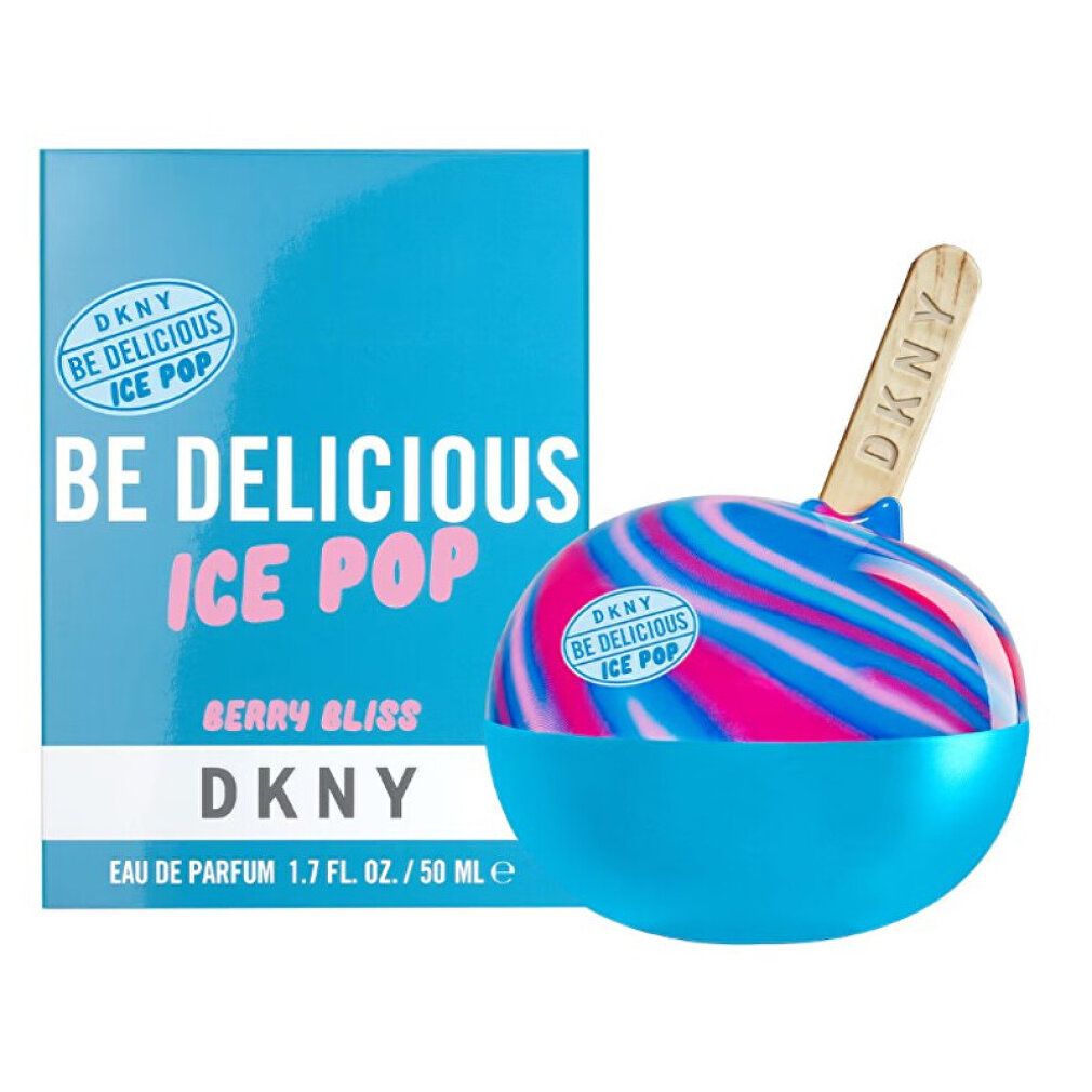 Blauer Karton und Flakon. Flakon in Eisform mit Holzstiel. Text: DKNY Be Delicious Ice Pop Berry Bliss.
