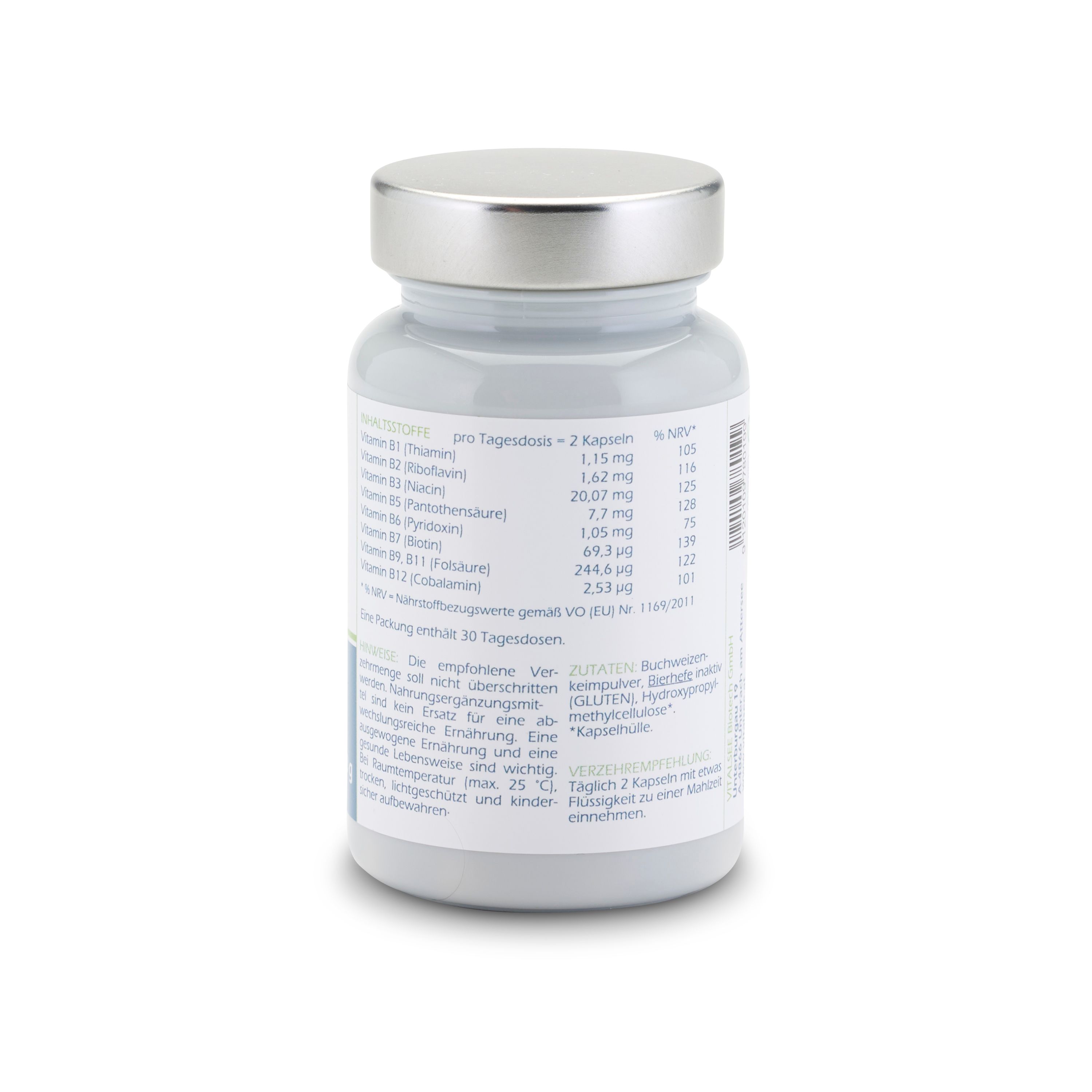 Rückseite der Vitalsee multidim VITAMIN B Komplex Flasche. Enthält Nährwertangaben und Zutaten.