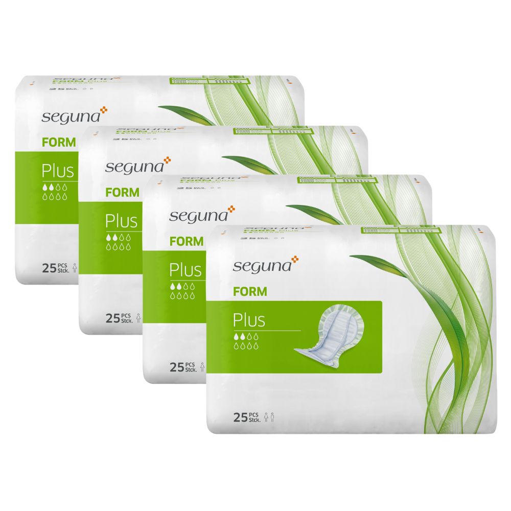 Vier Packungen SEGUNA Form Plus. Weiße Verpackung mit grünen Akzenten und Produktbezeichnung. 25 Stück pro Packung.