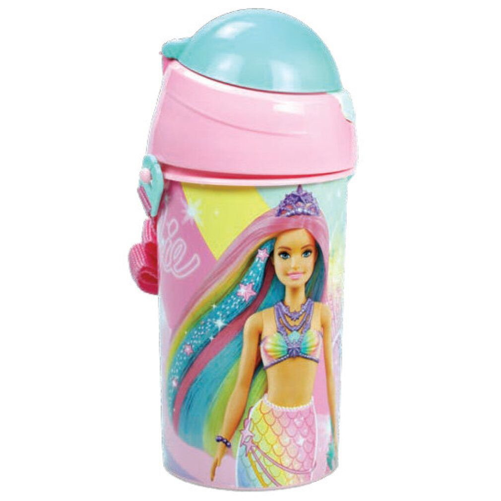 Sportflasche mit Barbie-Motiv. Rosa, hellblau und mehrfarbig. Mit Klappdeckel und Trageschlaufe. Abgebildet ist eine Meerjungfrau-Barbie.