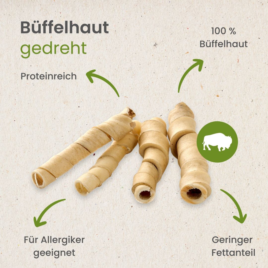 Gedrehte Büffelhaut-Kauartikel, proteinreich, für Allergiker geeignet, geringer Fettanteil.