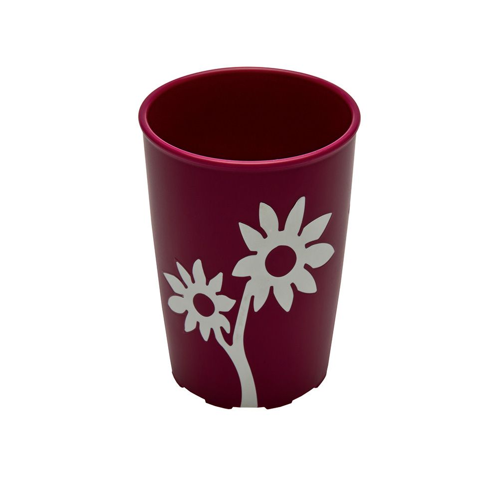 Bordeauxfarbener Trinkbecher mit weißem Blumendekor. Zylindrische Form, offene Oberseite. Antirutsch-Blume.