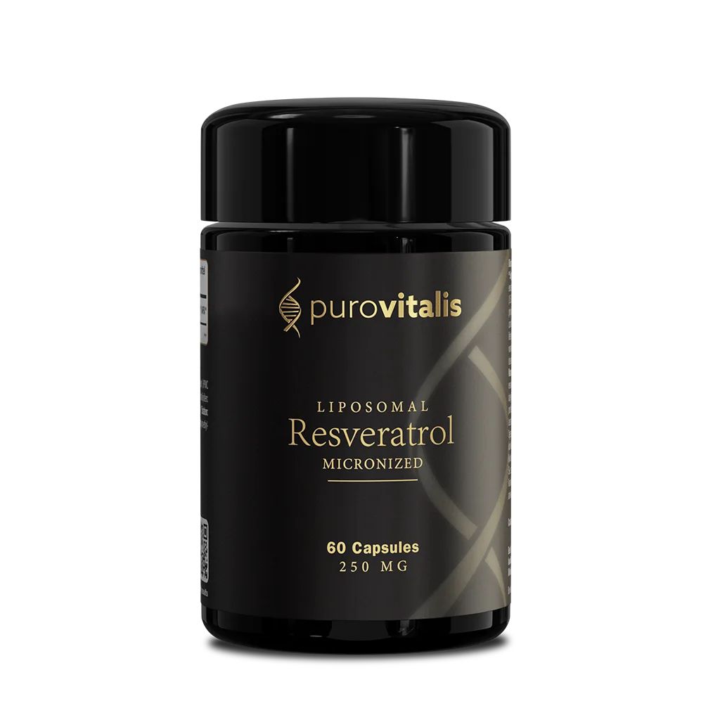 Schwarze Flasche mit Kapseln. Aufschrift: Purovitalis, Liposomales Resveratrol, 60 Kapseln, 250 MG.