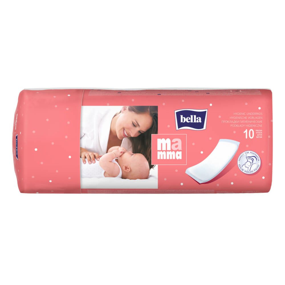 Verpackung mit rosa Punkten. "bella mamma"-Logo. Abbildung einer Mutter mit Baby. 10 Stück. Hygienische Vorlagen.