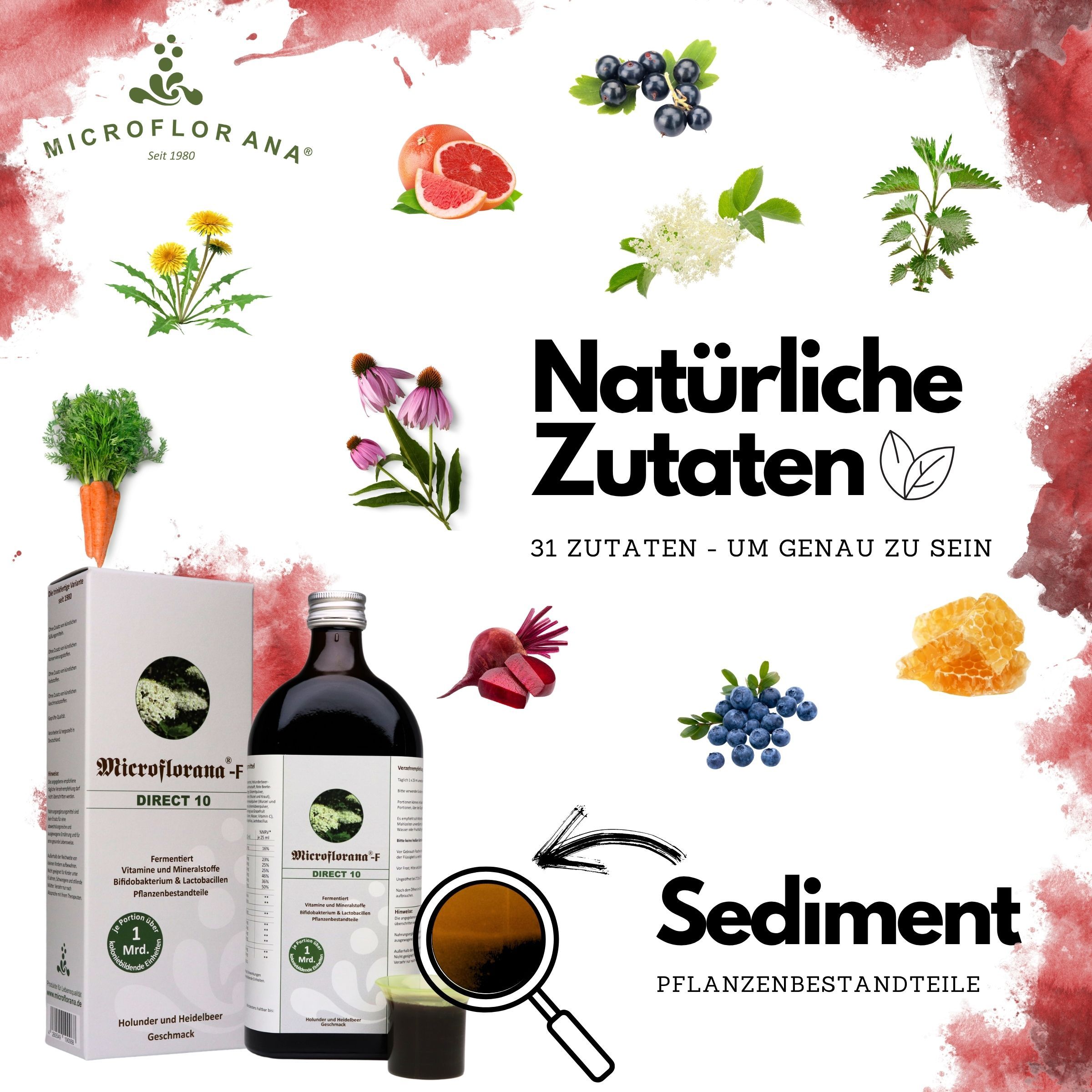 Produktflasche und Verpackung mit Aufschrift Microflorana-F Direct 10. Natürliche Zutaten. Sediment wird durch Lupe gezeigt.