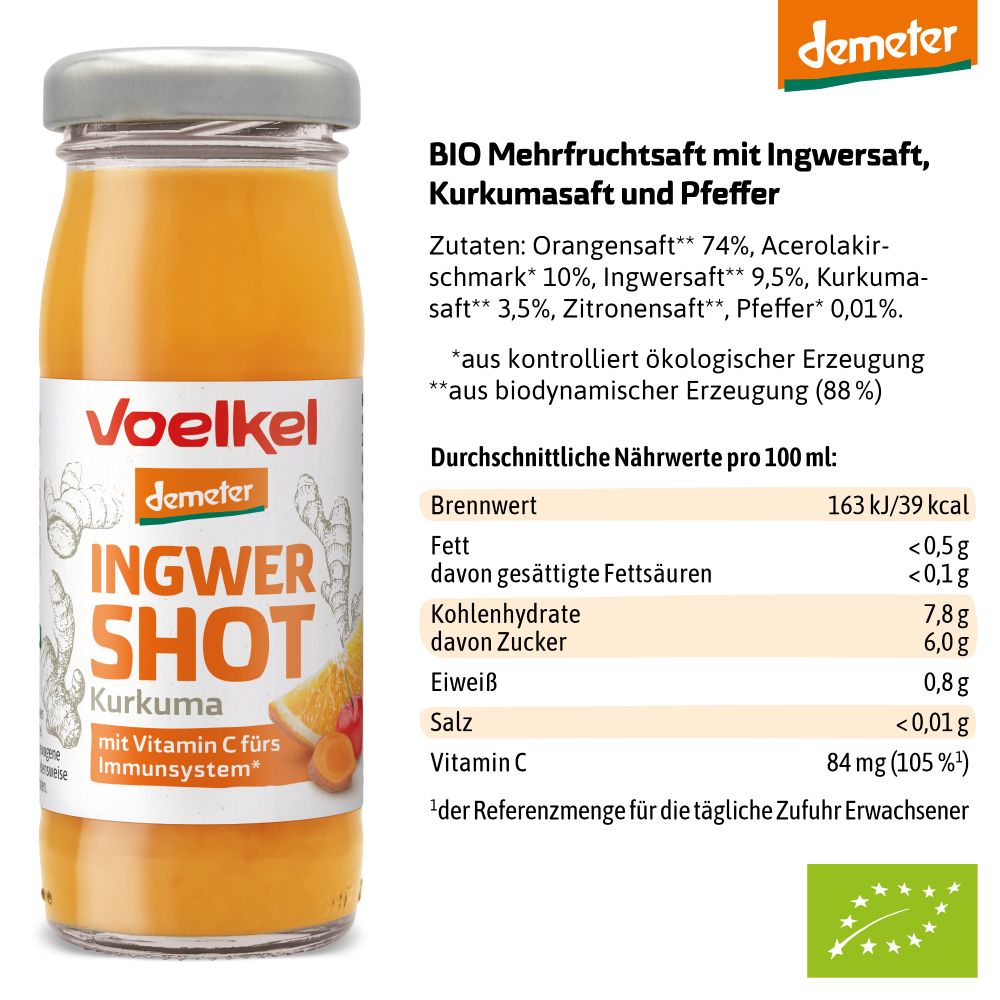 Glasflasche Ingwer Shot Kurkuma. Etikett mit Produktnamen, Marke, Nährwertangaben und Zutaten. Inhalt orange.