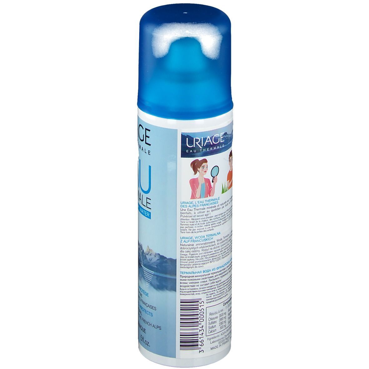 Uriage Eau Thermale Spray. Rückseite der Flasche. Produktname, Illustrationen und Text. 150ml.