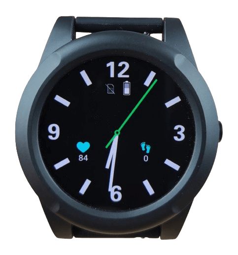 Nahaufnahme einer schwarzen Smartwatch mit digitaler Anzeige, Herzfrequenz- und Schrittzähler.
