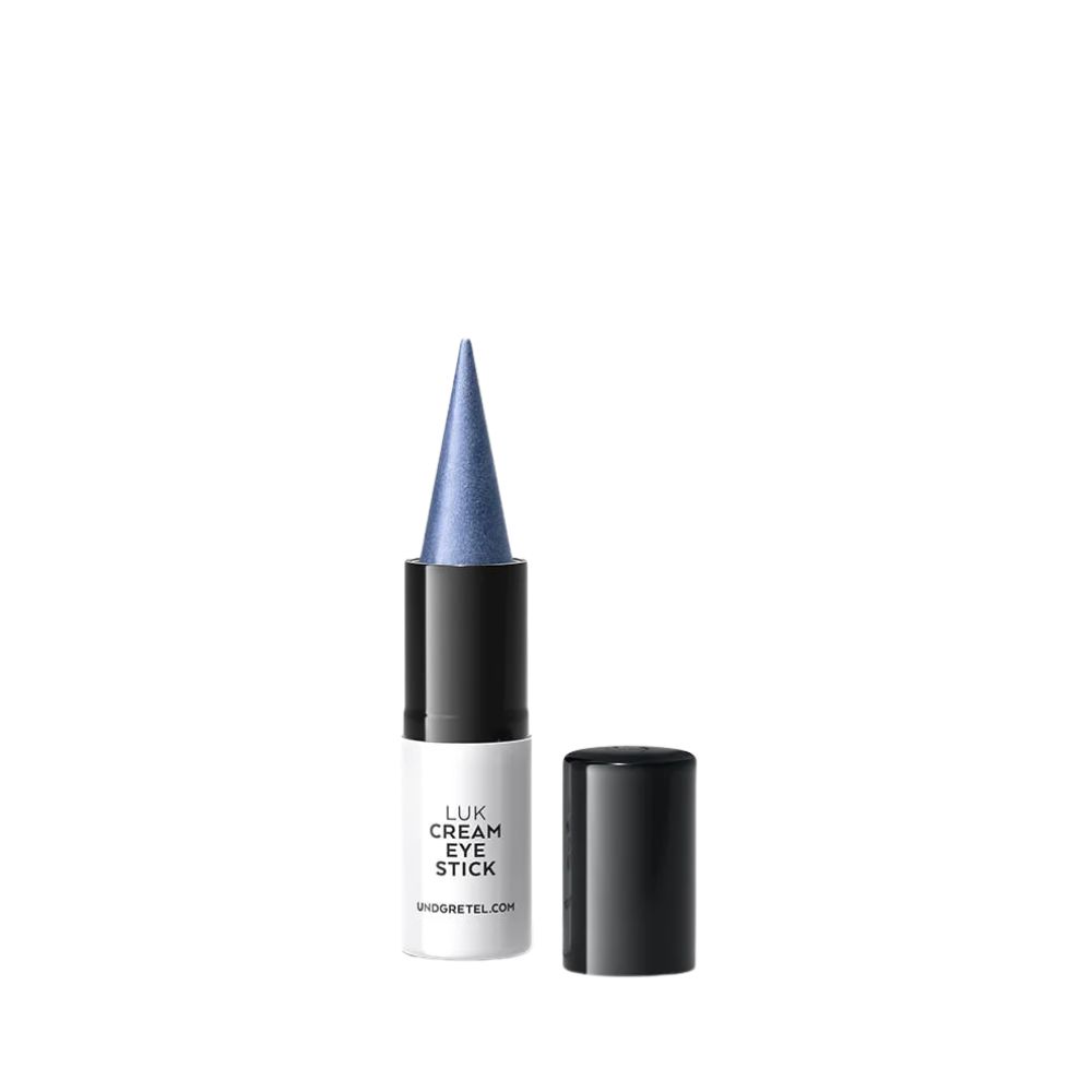 Blauer Lidschattenstift mit spitzem Applikator und schwarzem Deckel daneben.