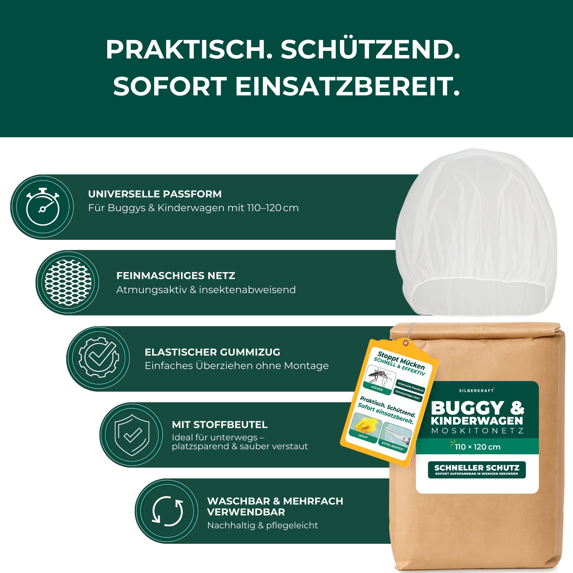 Produkt-Label und Moskitonetz. Text: Universelle Passform, feinmaschiges Netz, elastischer Gummizug, mit Stoffbeutel, waschbar.