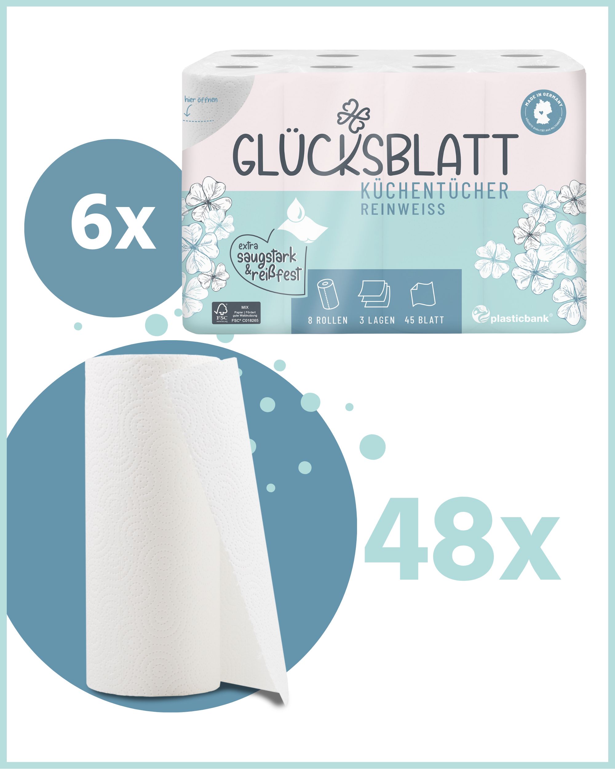 Packung mit 6 x Glücksblatt Küchentücher Reinweiss. 8 Rollen, 3 Lagen, 45 Blatt pro Rolle. Eine Rolle Küchentücher daneben.