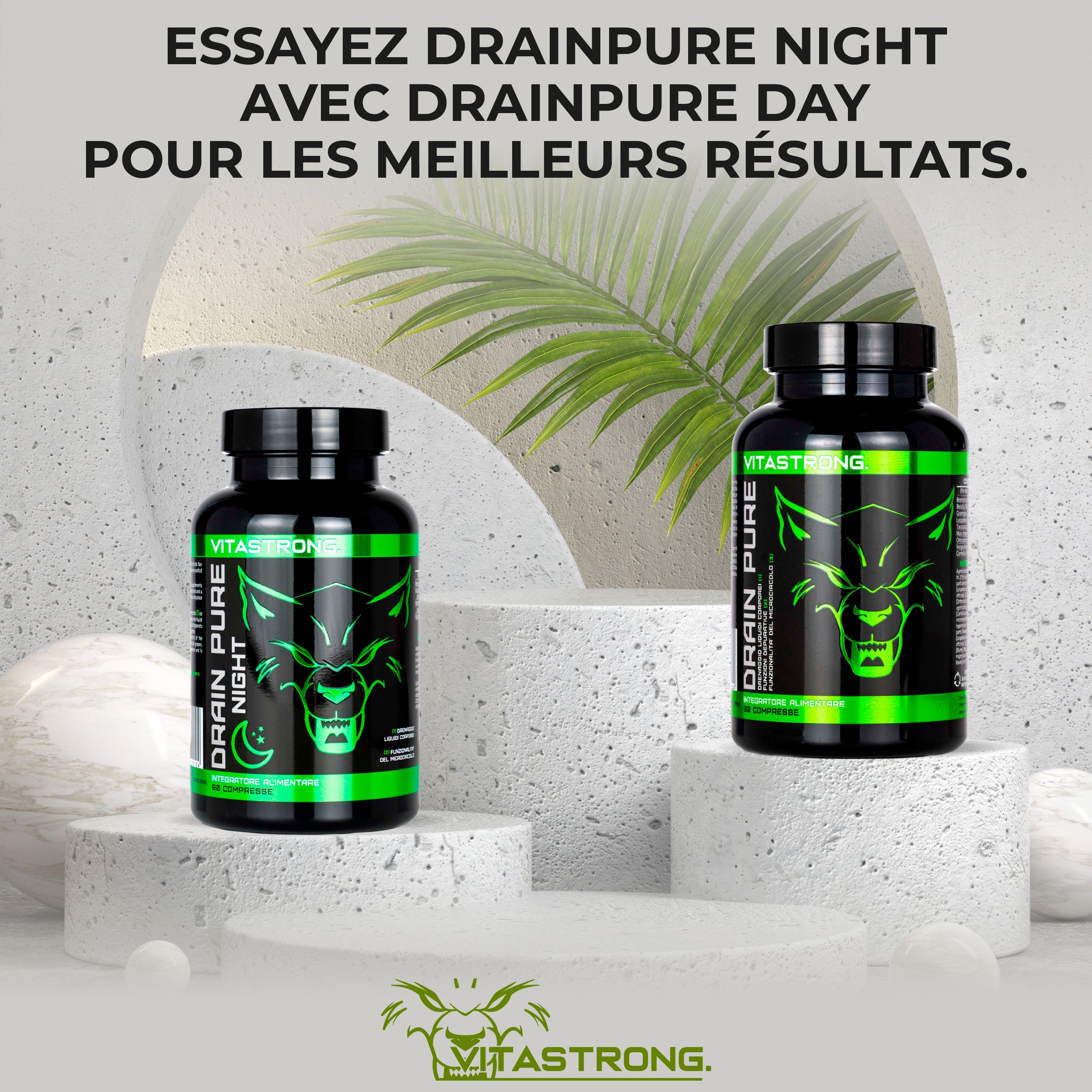 Deux flacons de produit. Texte: VITASTORNG, DRAIN PURE NIGHT. Design vert et noir. Sur socle.