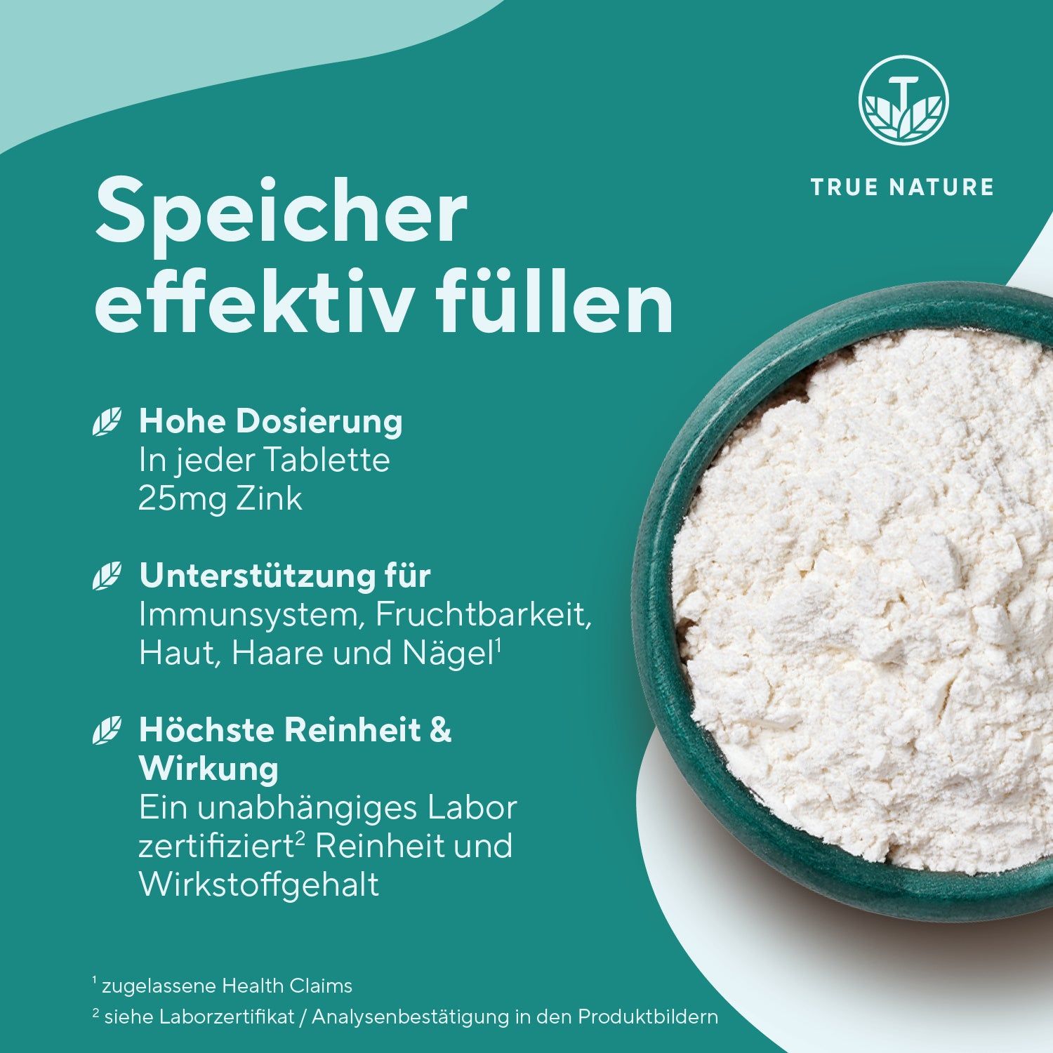 Schale mit weißem Zinkpulver. Text: 'Speicher effektiv füllen', 'Hohe Dosierung 25mg Zink', 'Unterstützung Immunsystem'.