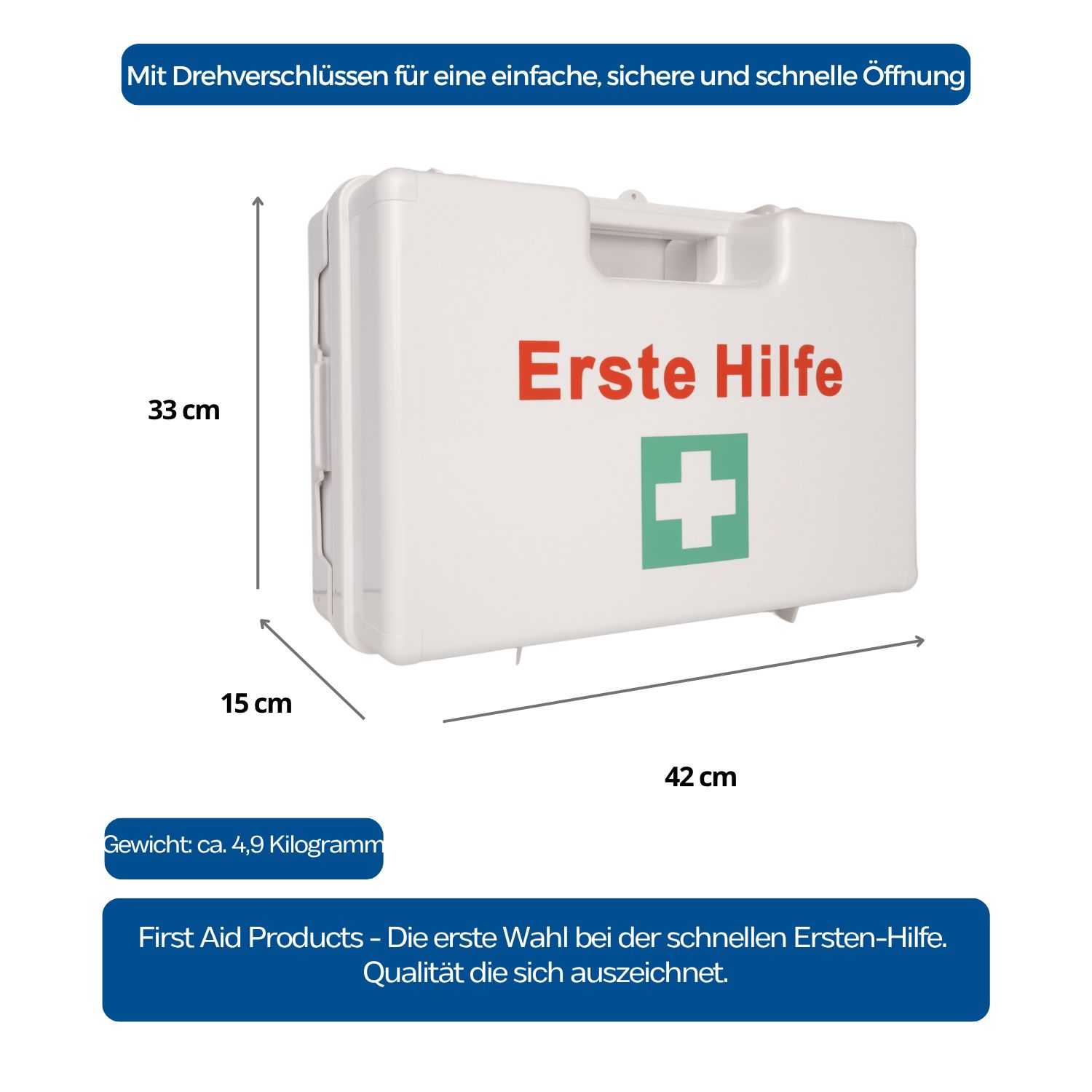 Weißer Erste-Hilfe-Koffer mit roter Aufschrift "Erste Hilfe" und grünem Kreuz. Maße: 42x33x15 cm. Gewicht ca. 4,9 kg.