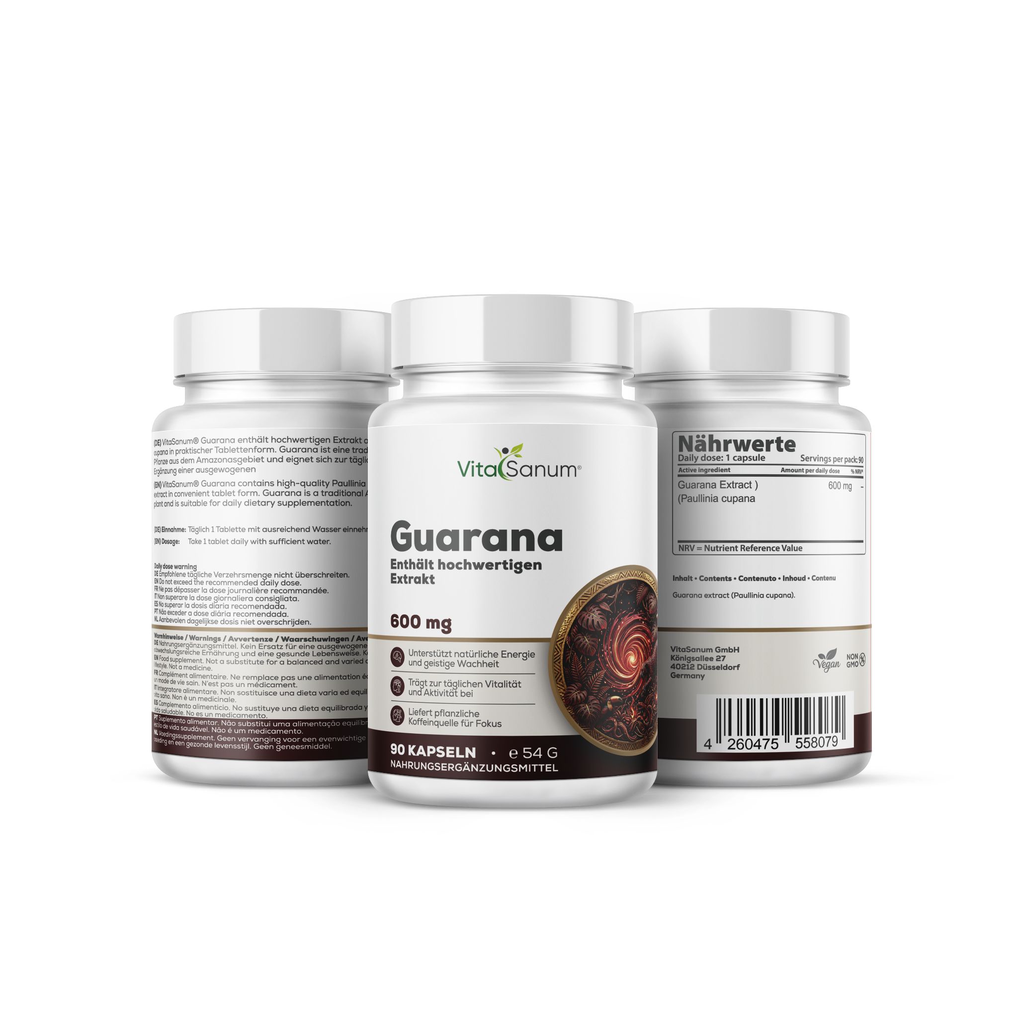 VitaSanum Guarana Kapseln, 600 mg, 90 Stück, Verpackung.