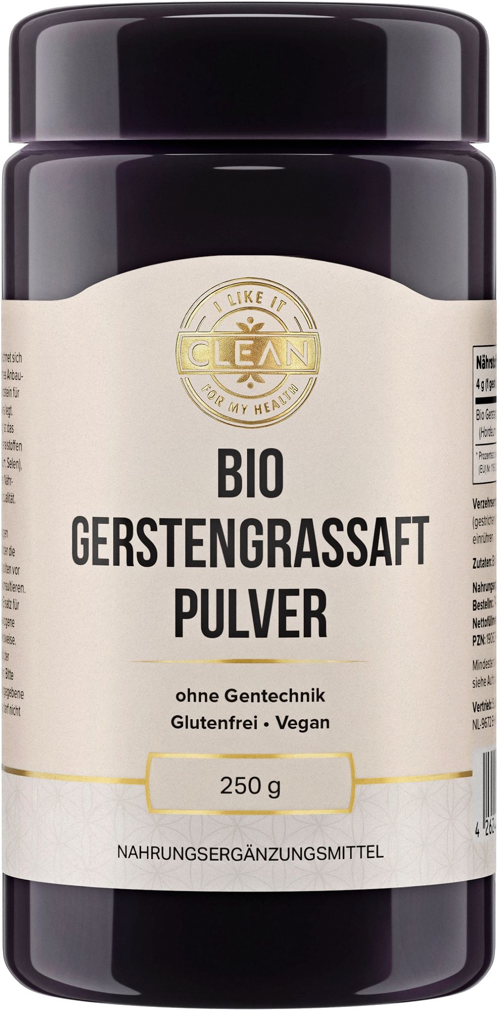 Dunkler Behälter mit Bio Gerstengrassaft Pulver, 250g. Etikett mit goldenen Akzenten.