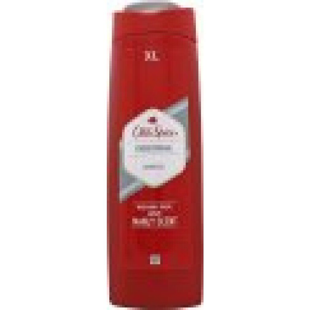 Rote Duschgel-Flasche mit "XL" oben. "Old Spice Original" und "Shower Gel" auf dem Etikett. "Wash away sweat, leave manly scent".