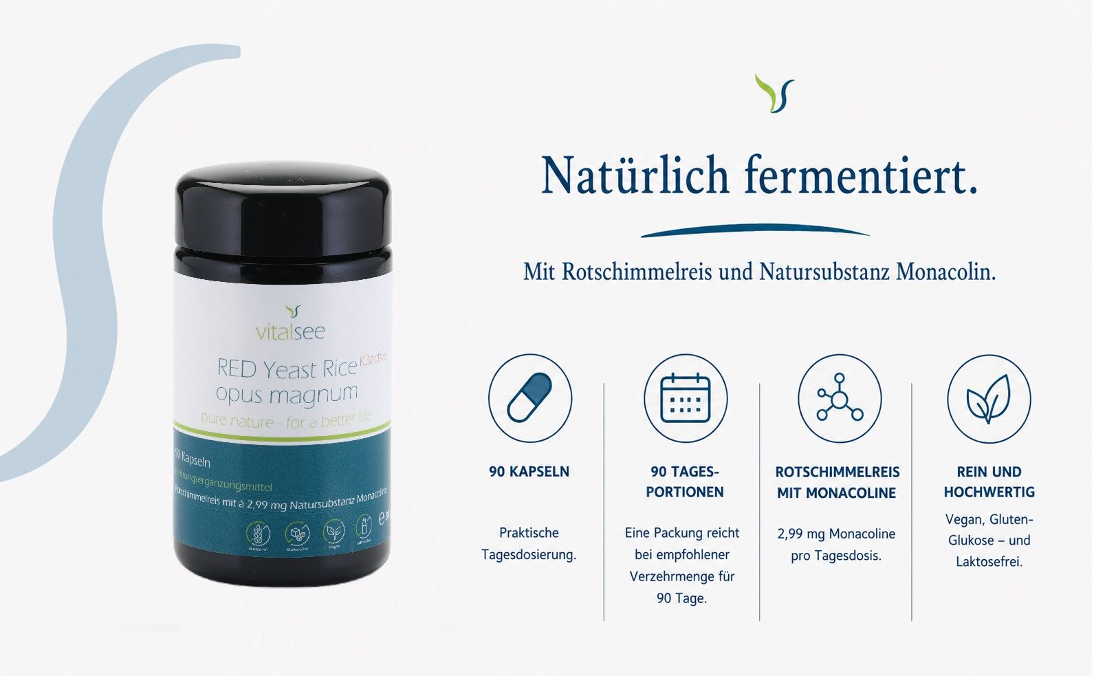 Dose mit Vitalsee RED Yeast Rice opus magnum Kapseln, 90 Stück, natürlich fermentiert.