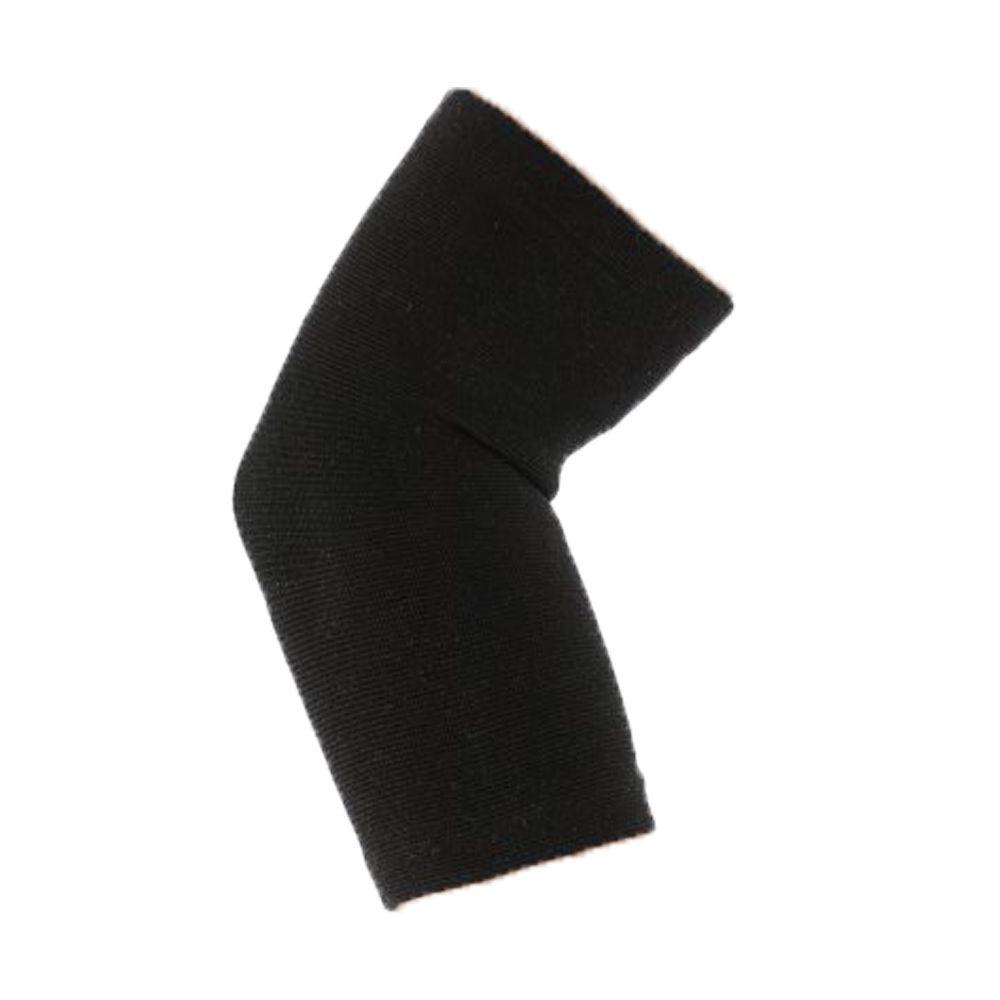 Schwarze Ellenbogenbandage aus Elastan. Blick von oben, angewinkelt.