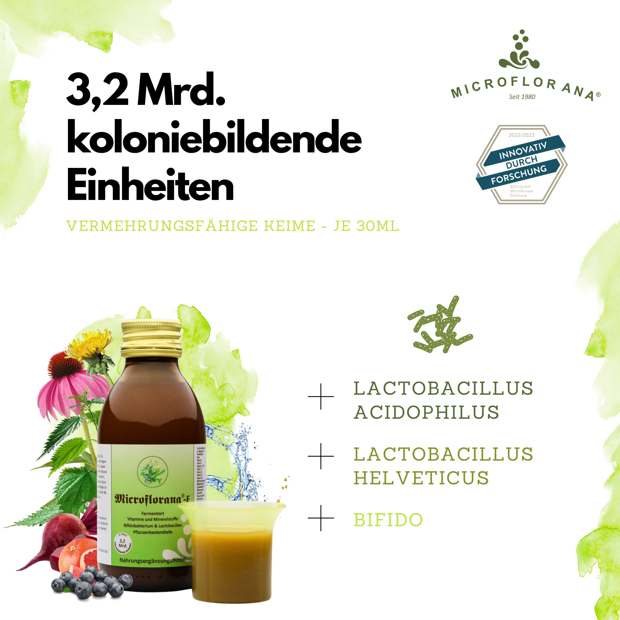 Flasche und Karton "Microflorana-F". Kräuter, Beeren und Blüten. "Das Original seit 1980".