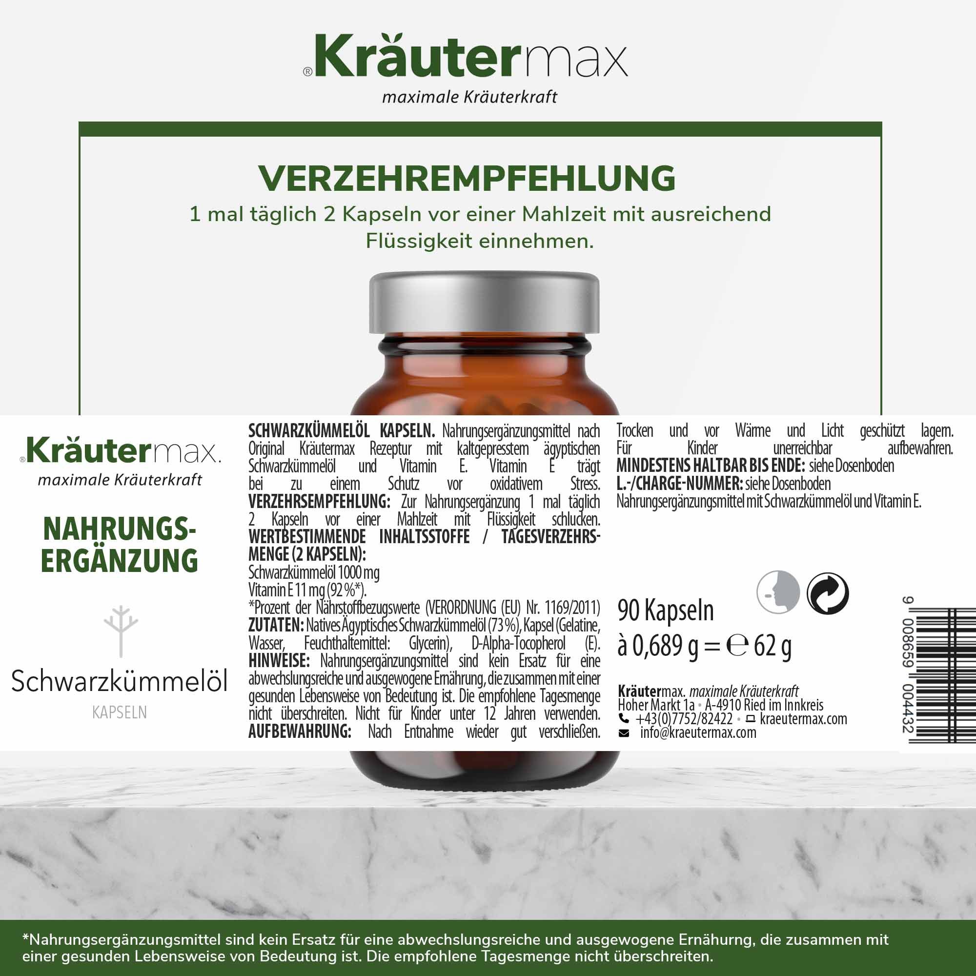 Braune Glasflasche mit Kapseln. Aufschrift: Kräutermax Nahrungsergänzung. Rückseite mit Informationen zu Inhaltsstoffen und Verzehrempfehlung.