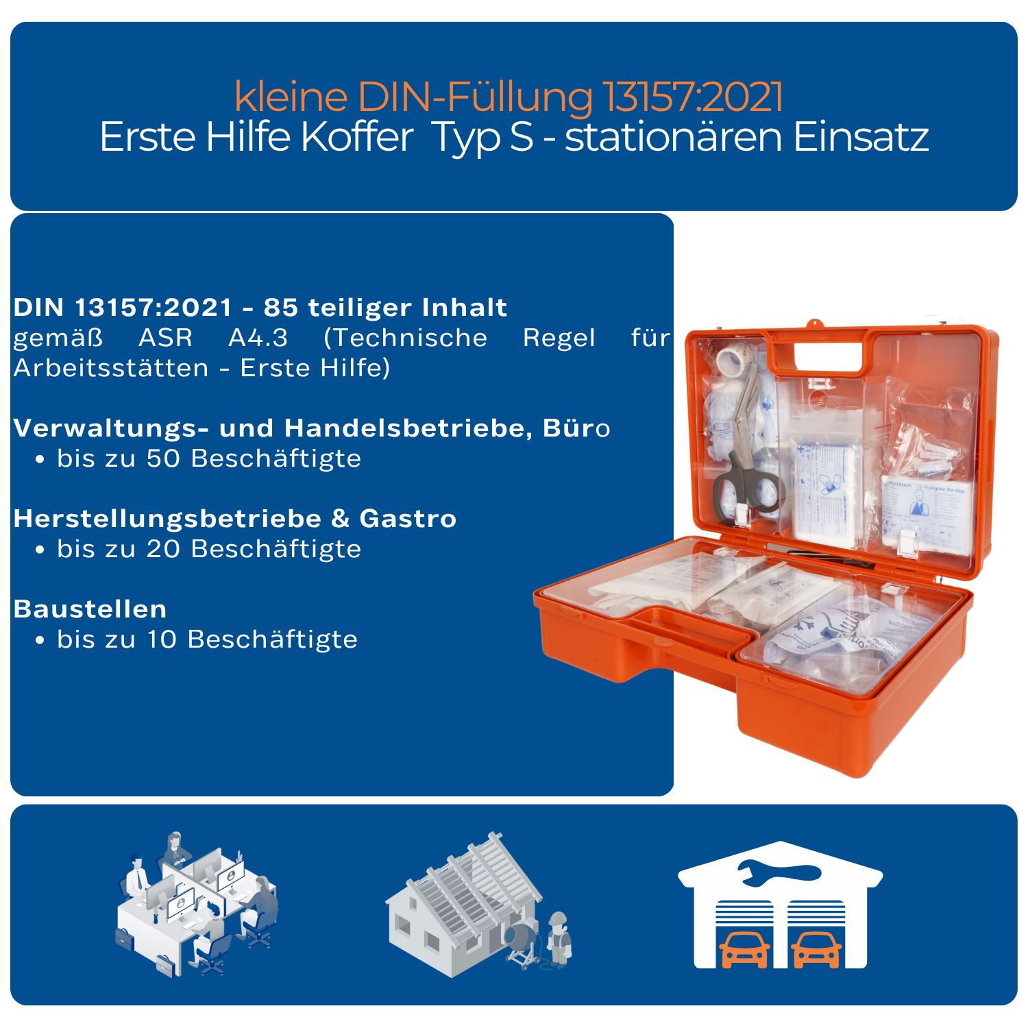 Geöffnete Erste Hilfe Koffer mit Inhalt. Text: DIN 13157:2021. Für Büro, Verwaltung, Handel, Baustellen.