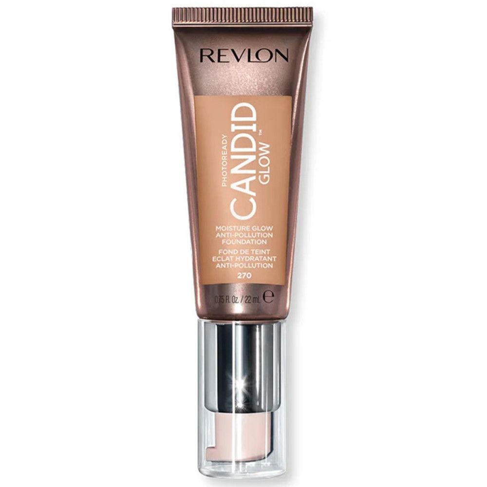 Revlon PhotoReady Candid Glow Foundation. Tube mit Dosierpumpe. Farbton 270. Text in Englisch und Französisch.