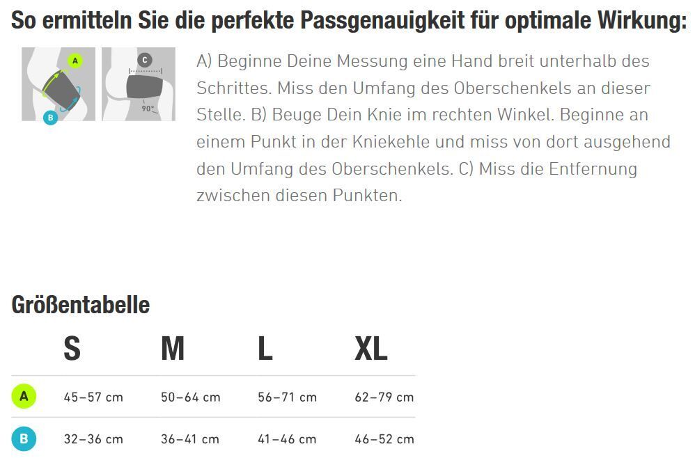 Größentabelle mit Messanweisungen für Oberschenkelumfang. Größen: S, M, L, XL. Messbereiche in cm angegeben.