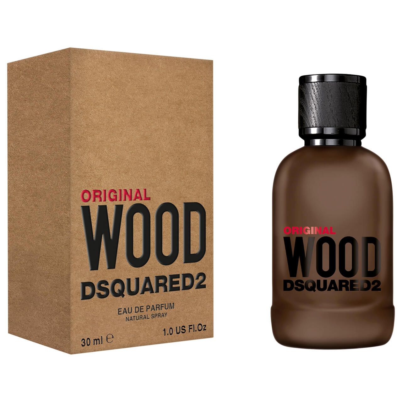 Parfümflasche und Verpackung. Aufschrift: Original Wood Dsquared2. 30 ml.