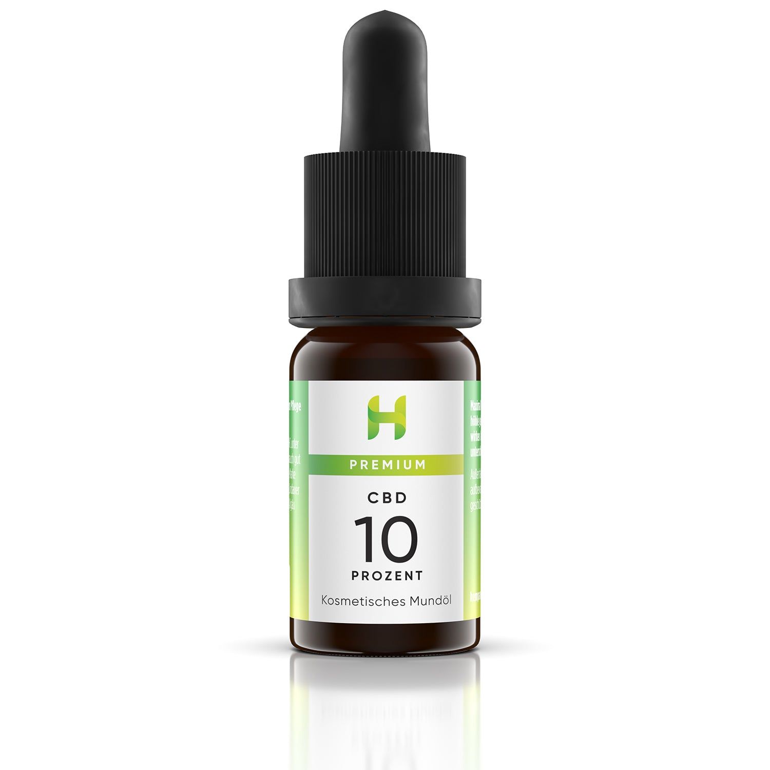 Kleine, braune Glasflasche mit schwarzem Tropfer. Aufschrift: CBD 10 Prozent. Kosmetisches Mundöl.