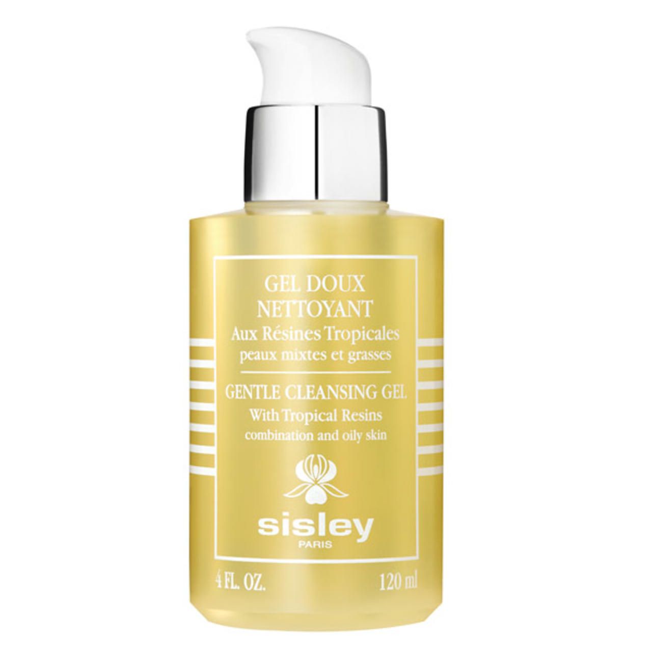 Gel Doux Nettoyant von Sisley mit Pumpe. Gelbe Flüssigkeit in einer Flasche mit weißem Aufdruck. 120 ml.