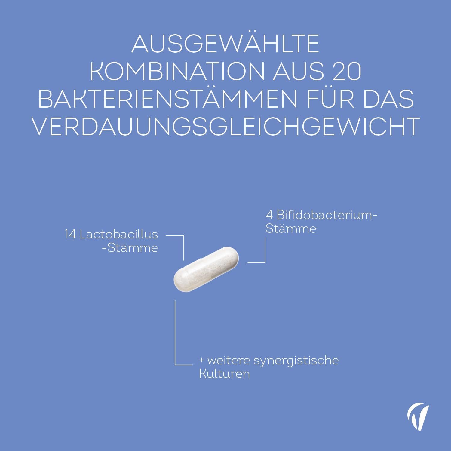Weiße Kapsel mit Text. Grafik: "AUSGEWÄHLTE KOMBINATION AUS 20 BAKTERIENSTÄMMEN". Text: "14 Lactobacillus-Stämme", "4 Bifidobacterium-Stämme".