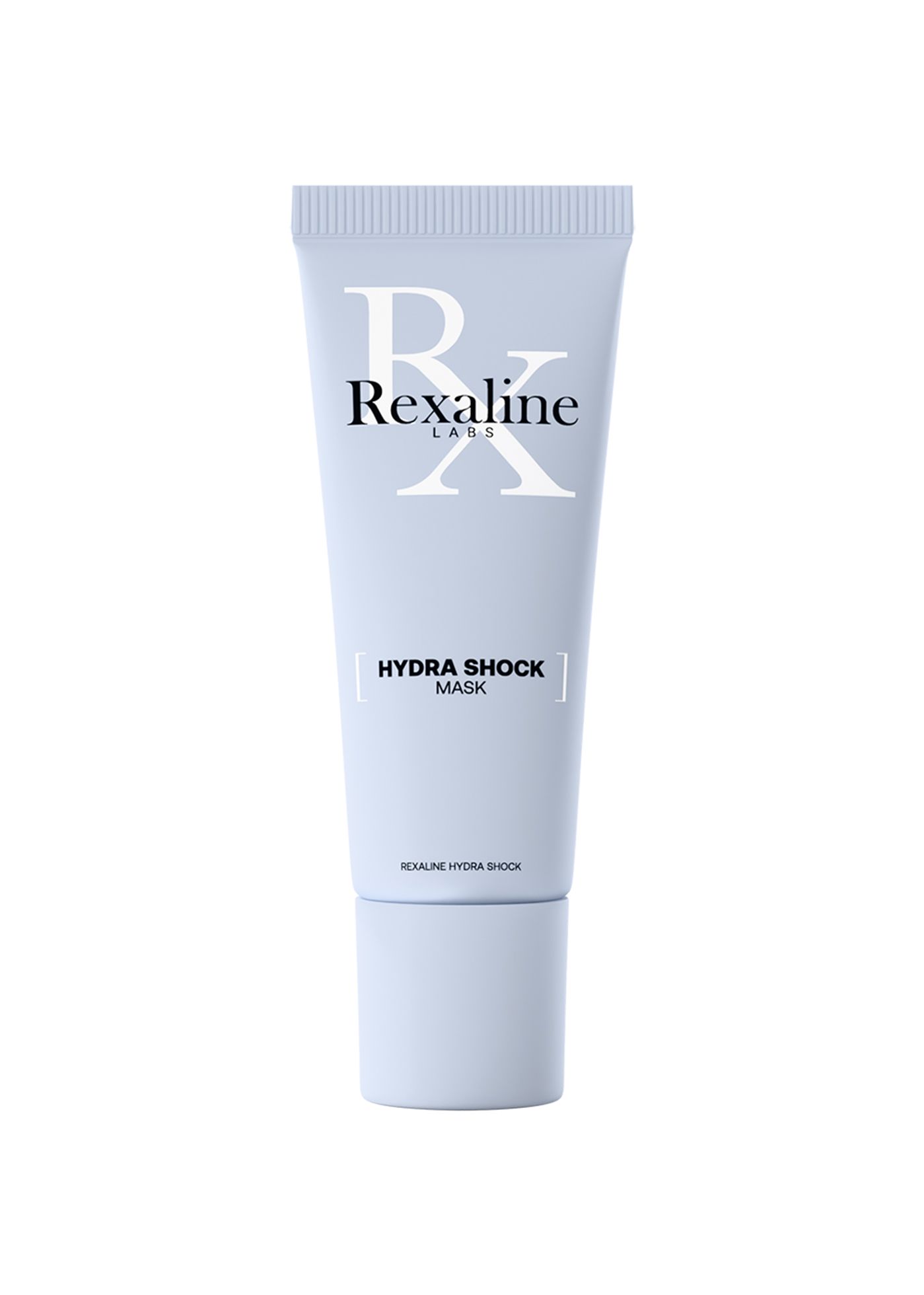 Hellblaue Tube mit weißer Aufschrift. Oben steht "Rexaline Labs", darunter "Hydra Shock Mask".