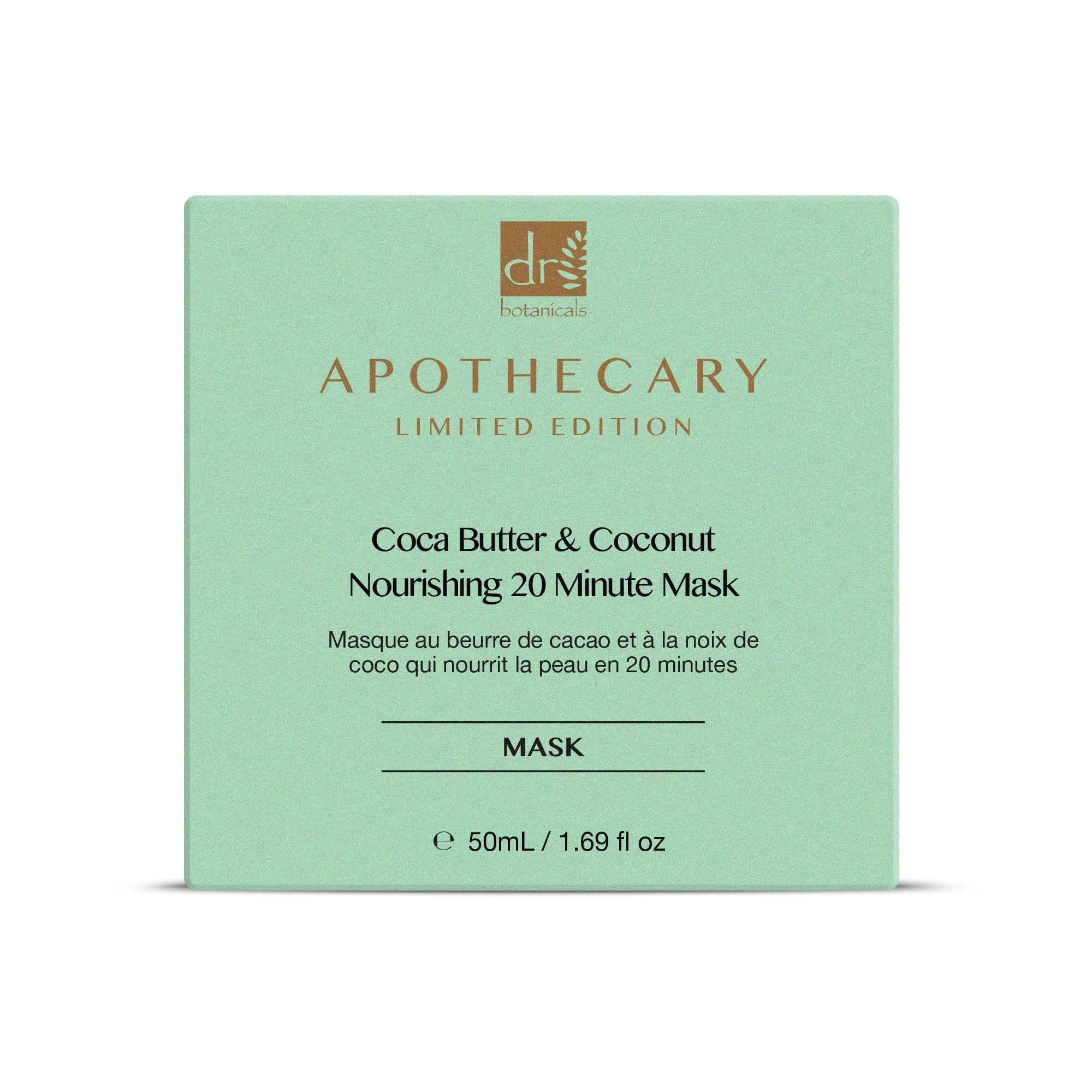 Grüne Schachtel mit Text: Cocoa Butter & Coconut Nourishing 20 Minute Mask. Aufschrift: Mask.