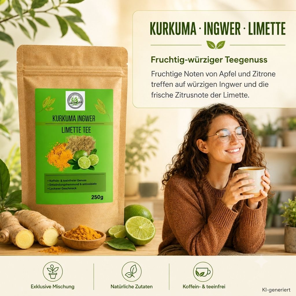 Frau genießt eine Tasse Tee neben einem Beutel Kurkuma Ingwer Limette Tee und frischen Zutaten.