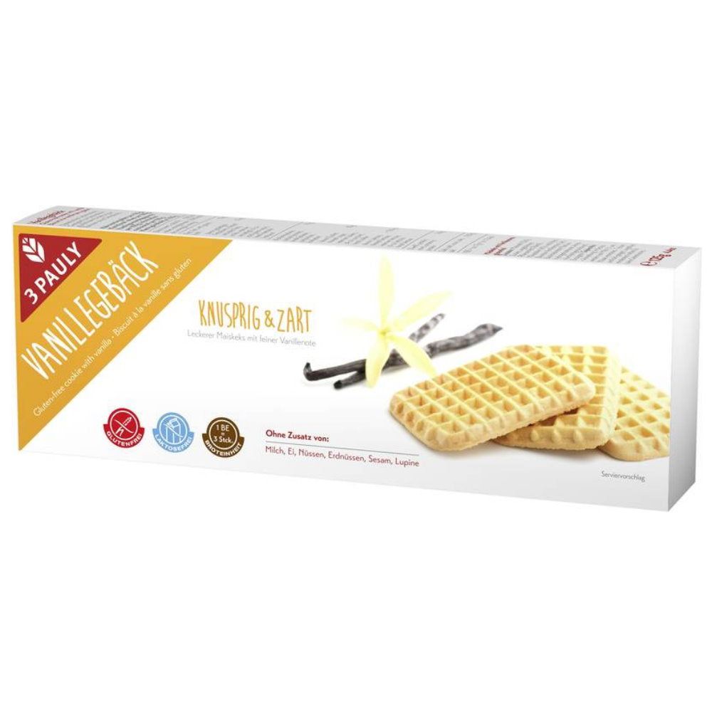 Verpackung von 3 Pauly Vanillegebäck glutenfrei. Auf der Verpackung sind Waffeln, Vanilleschoten und eine Vanilleblüte abgebildet.