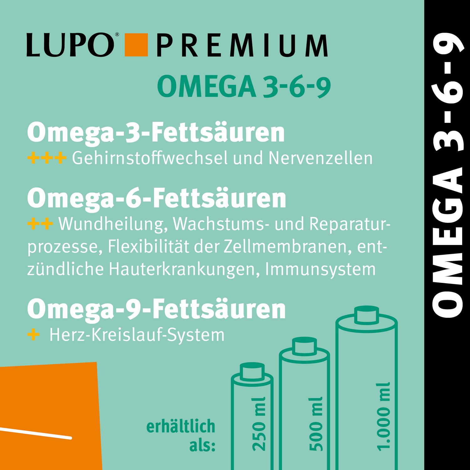Text: LUPO PREMIUM Omega 3-6-9. Omega-3-, -6-, -9-Fettsäuren. Erhältlich als: 250 ml, 500 ml, 1.000 ml. Drei Dosen abgebildet.