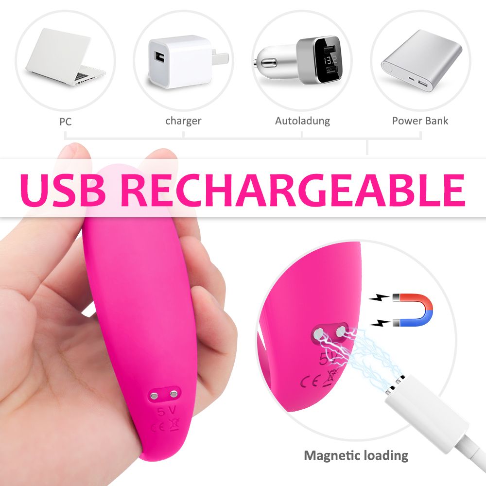 Rosa Vibrator mit USB-Ladeanschluss. Verschiedene Lademöglichkeiten: PC, Ladegerät, Auto, Powerbank.
