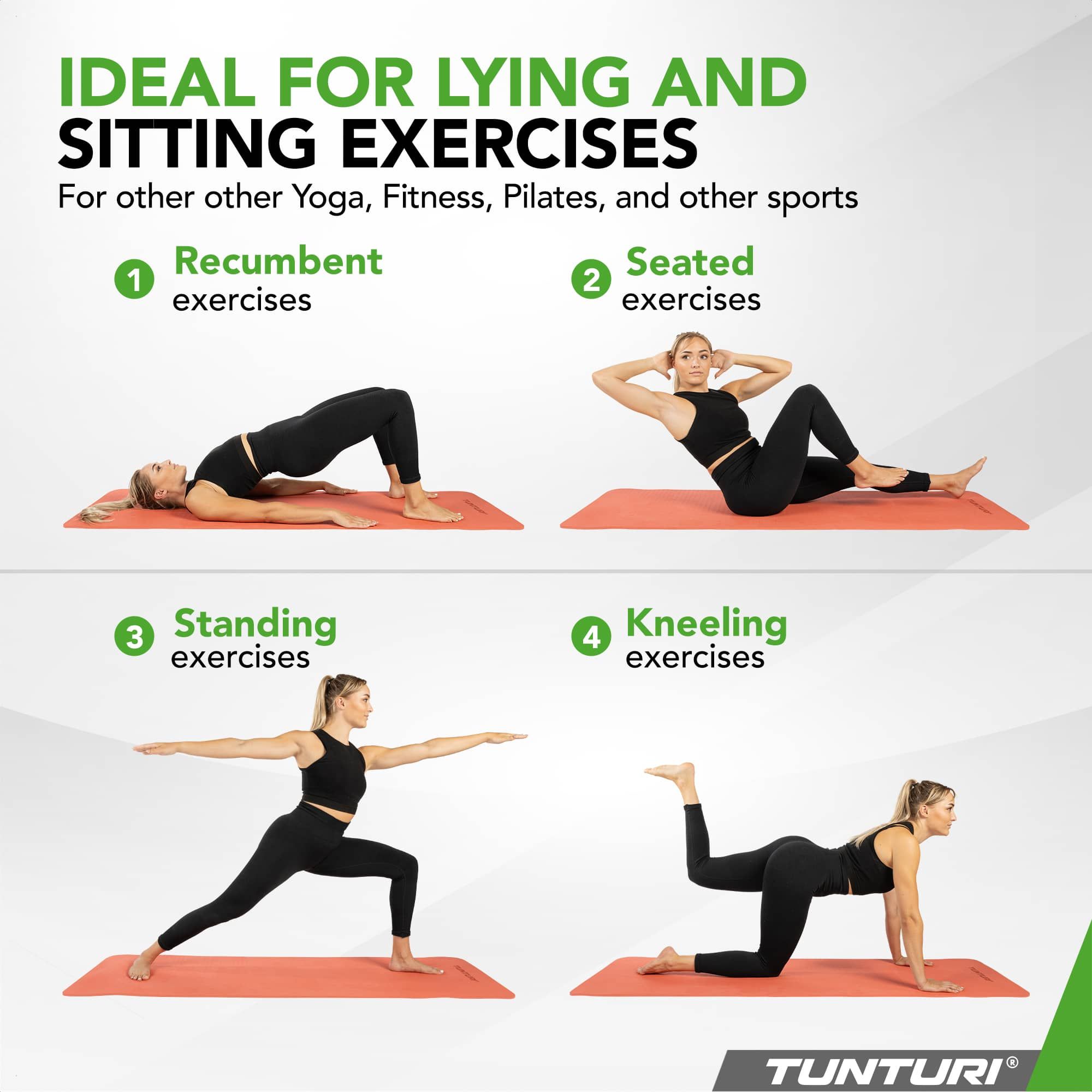Vier Übungen auf roségoldfarbenen Yogamatten. Die Übungen umfassen Liege-, Sitz-, Steh- und Kniepositionen. Der Schriftzug "TUNTURI" ist zu sehen.