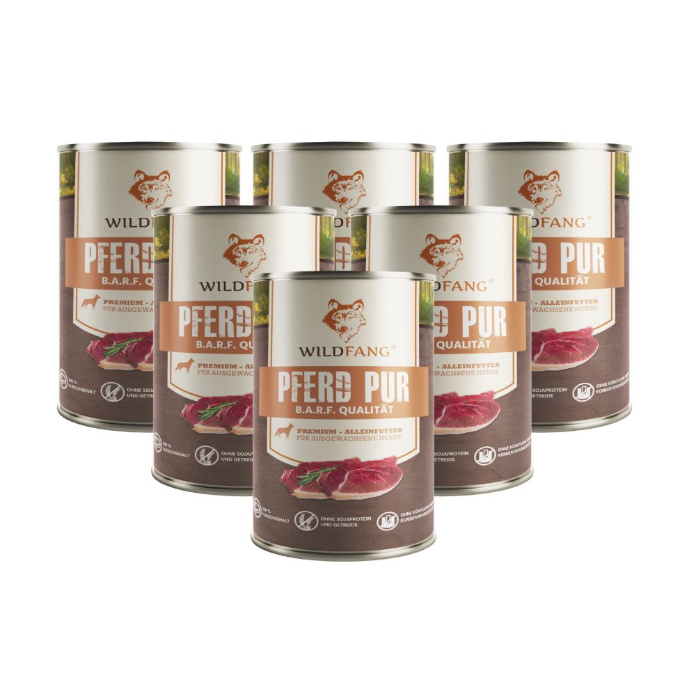 6 Dosen Nassfutter Pferd pur, BARF Qualität. Auf weißem Hintergrund. Dose mit Logo und Produktinformationen.