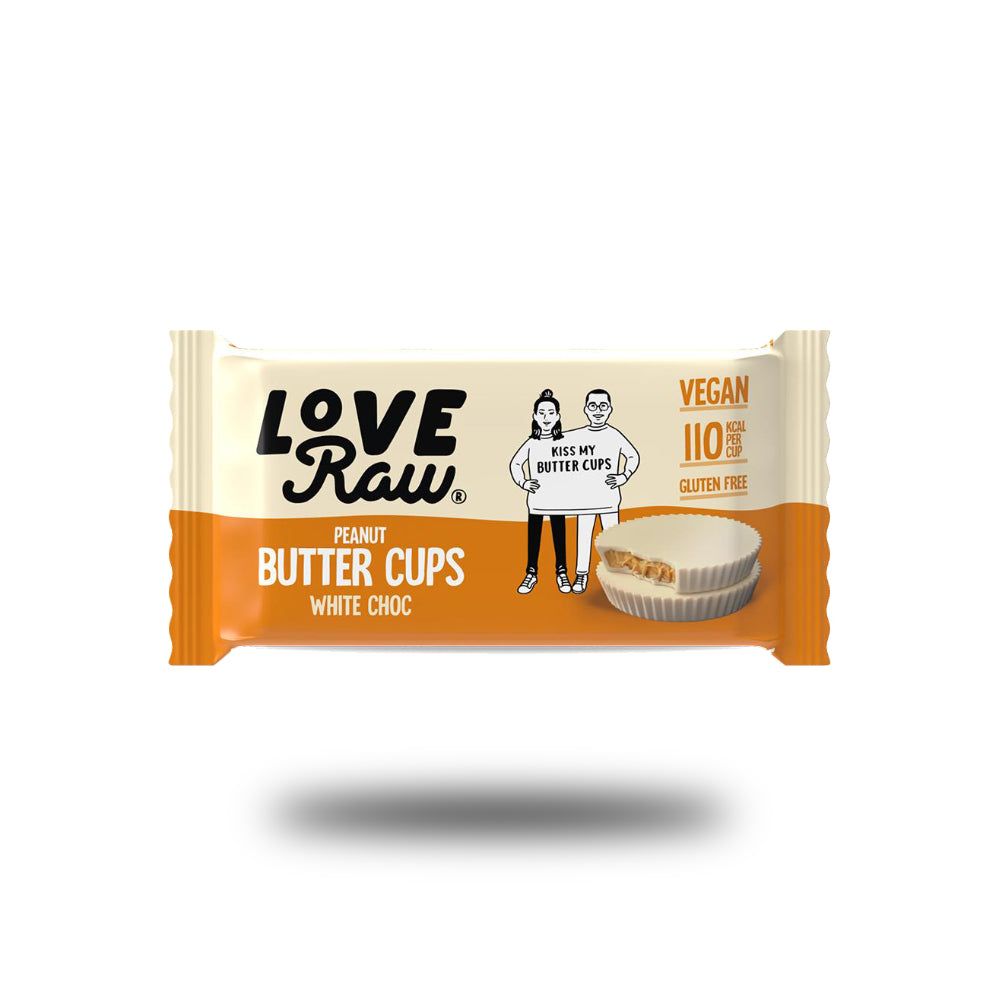 Verpackung von Love Raw Peanut Butter Cups. Aufschrift: Vegan, glutenfrei. Abbildung von zwei Cups. Logo und Schriftzug.