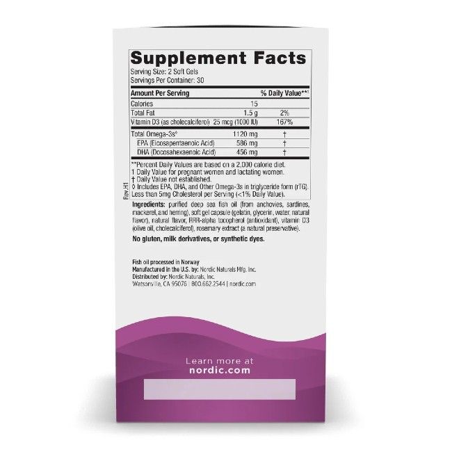 Nordic Naturals Postnatal Omega-3 Rückseite: Nährwertangaben, Inhaltsstoffe und Hinweise zur Lagerung.