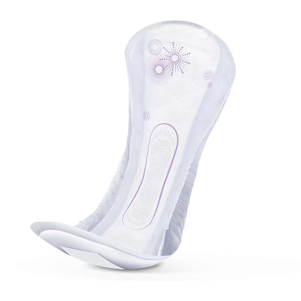 iD Light Super. Weiße, längliche Einlage mit absorbierendem Kern. Mit geprägten Mustern und geschwungenen Rändern.