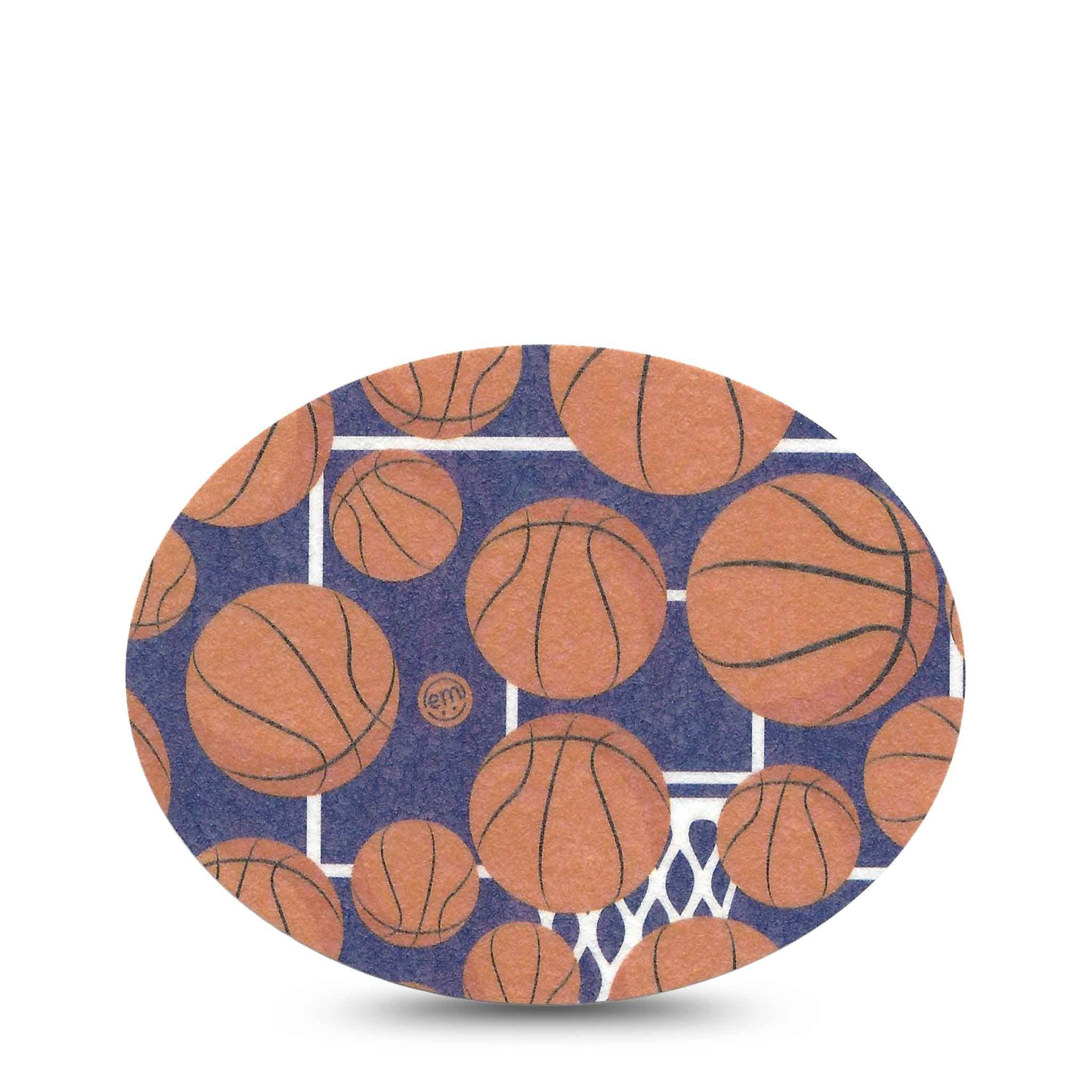 Rundes Pflaster mit Basketball-Muster. Hintergrund: blau mit Basketballkörben. Einzelnes Pflaster.