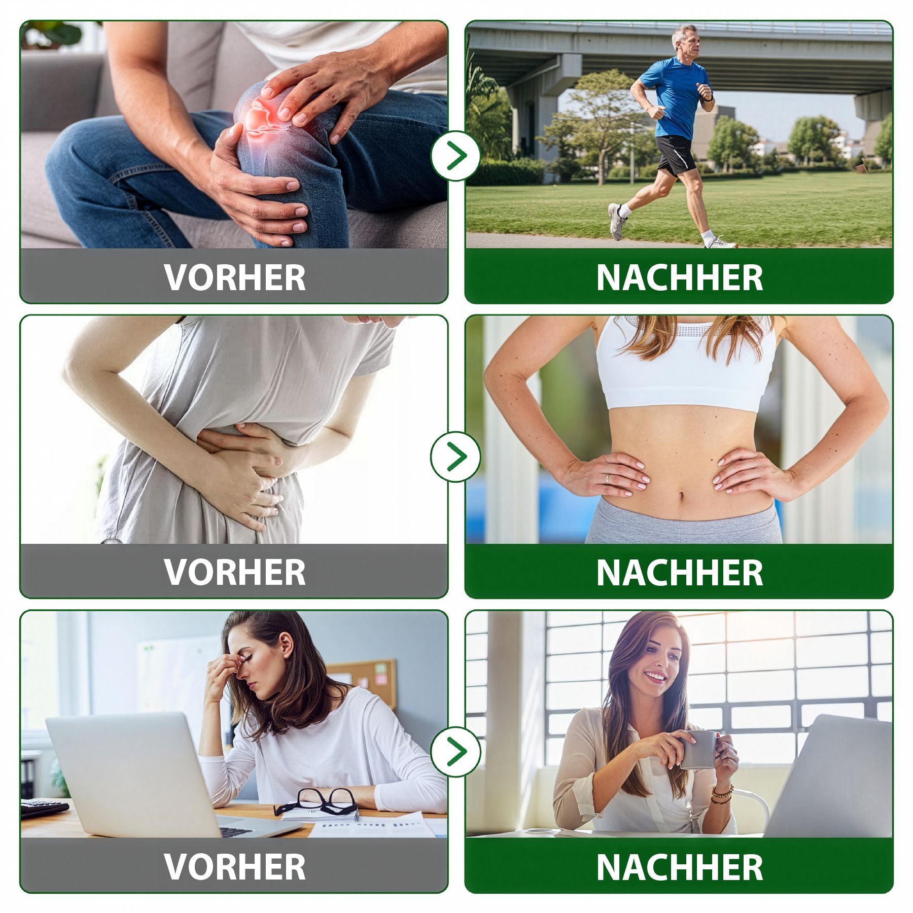 Vorher-Nachher-Bilder. Schmerzen im Knie, Bauchschmerzen, Stress. Nachher: Joggen, flacher Bauch, lächelnde Frau.