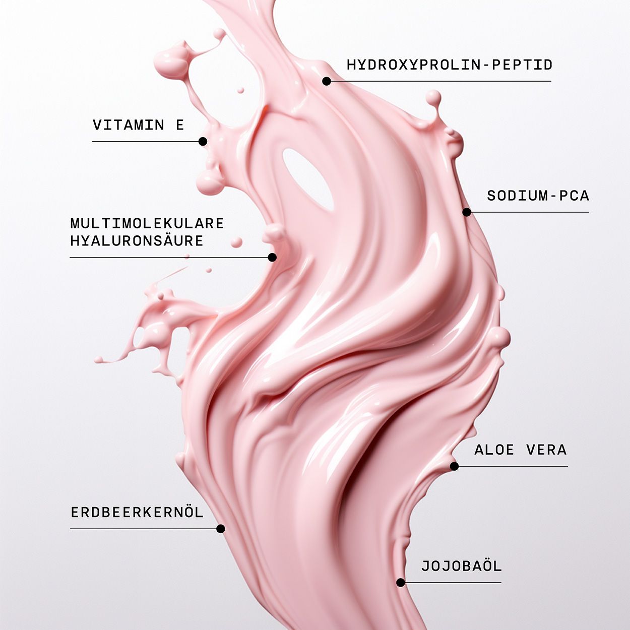 Rosa Flüssigkeitsspritzer mit Beschriftungen: Vitamin E, Hyaluronsäure, Erdbeerkernöl, Hydroxyprolin-Peptid, Sodium-PCA, Aloe Vera, Jojobaöl.